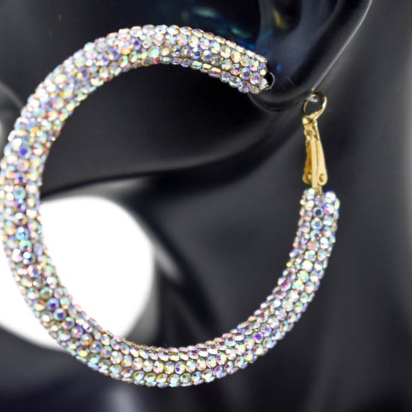 2.25" AB Clear Pave Wrap Rhinestone Hoop Earrings - Picture 2 of 9